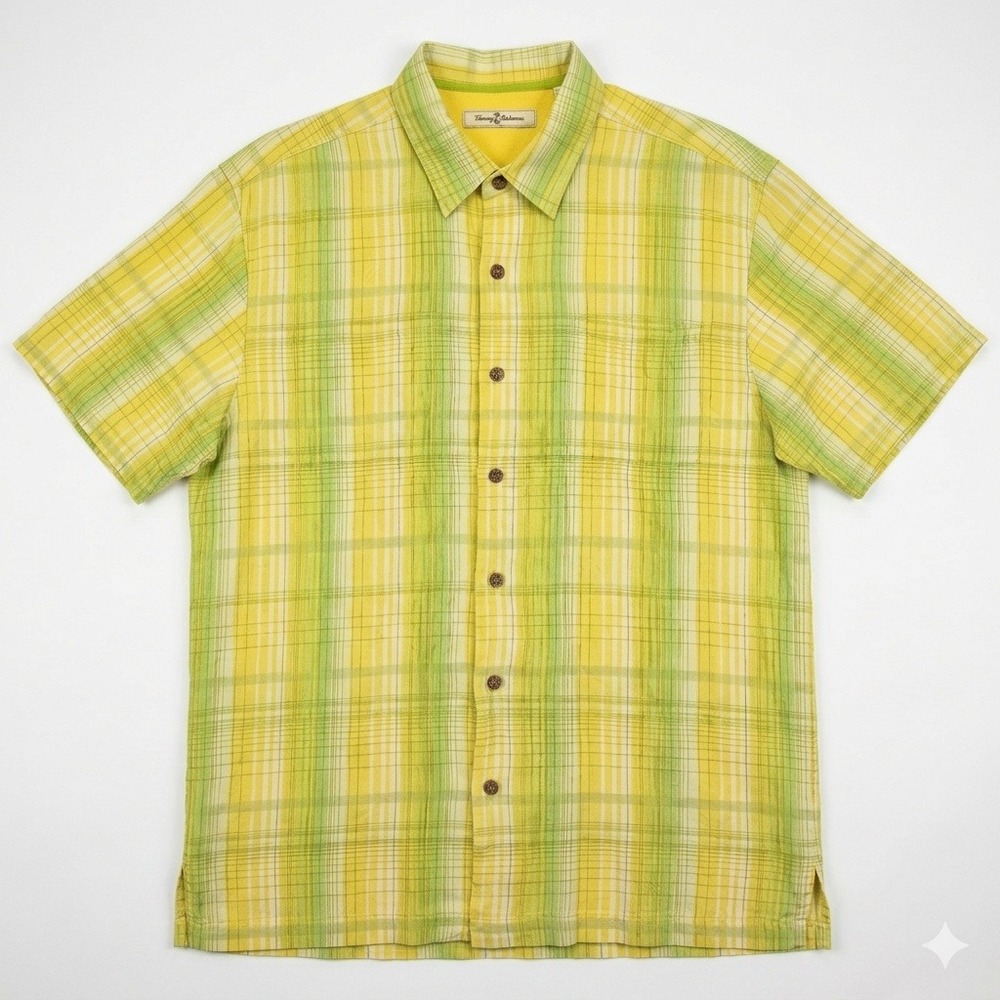 Tommy Bahama Mens Yellow Green Plaid Short Sleeve Button Down‎ Shirt Large